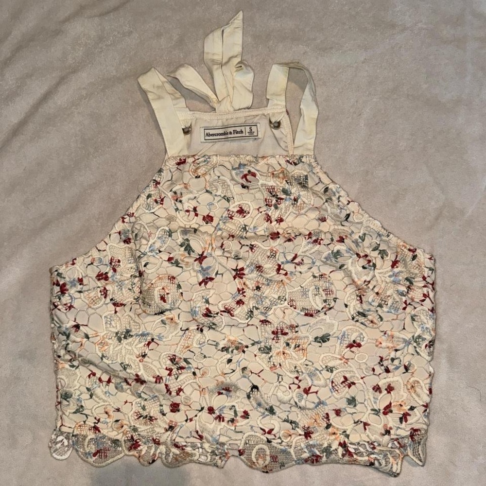 Abercrombie & Fitch tie-neck, lacy floral print crop top